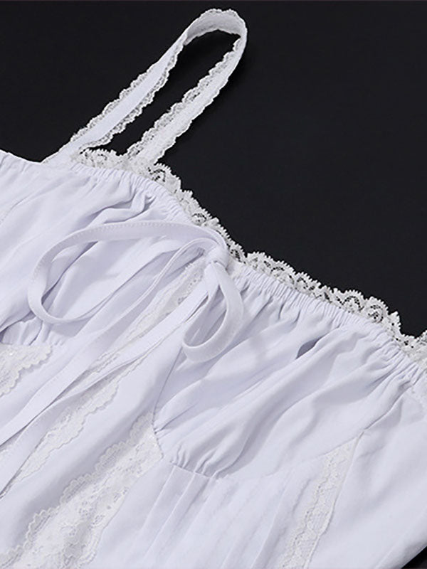 Summer Mini Dresses White Straps Neck Lace Beach Dress