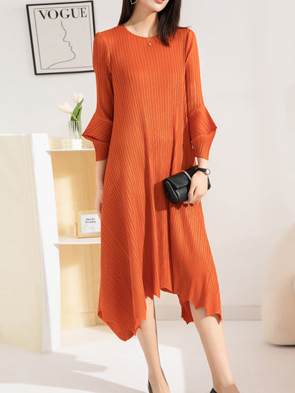 Irregular Clipping Loose Pleated Solid Color Round-Neck Midi Dresses