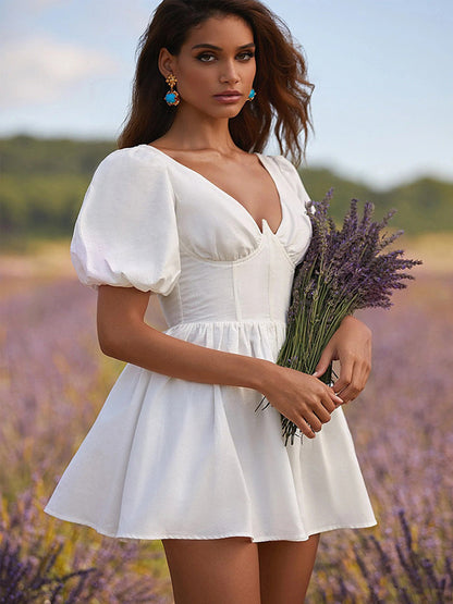 Mini Dresses White Short Sleeves Pleated Polyester Cotton Short Dress For Women