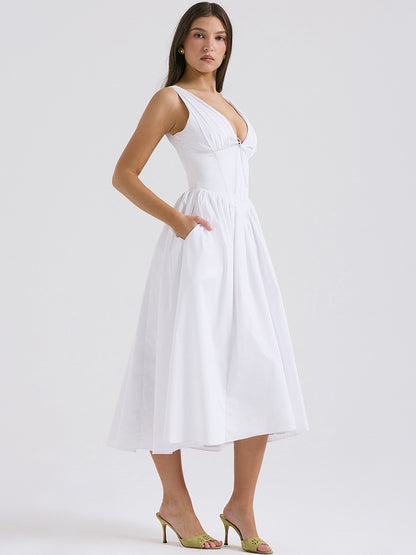 Sleeveless Dress Floral Pleated Knot Details Party Midi Dresses