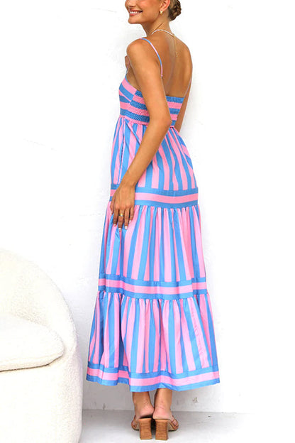 Spaghetti Strap Ruffle Tiered Color Block Striped Maxi Dress