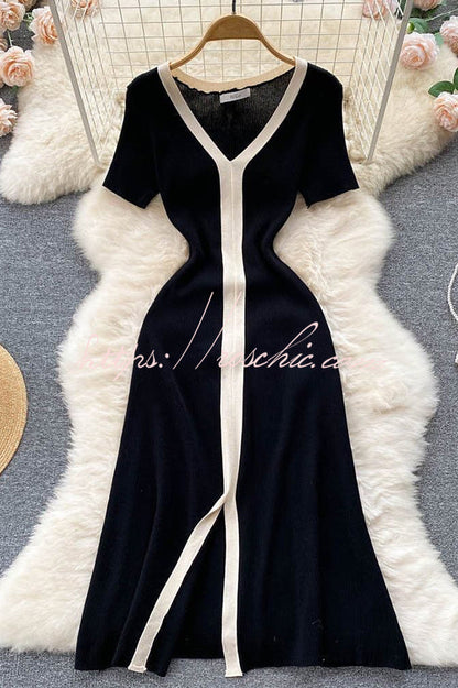 Fashionable V-neck Slim Fit Waist Knitted Midi Dress