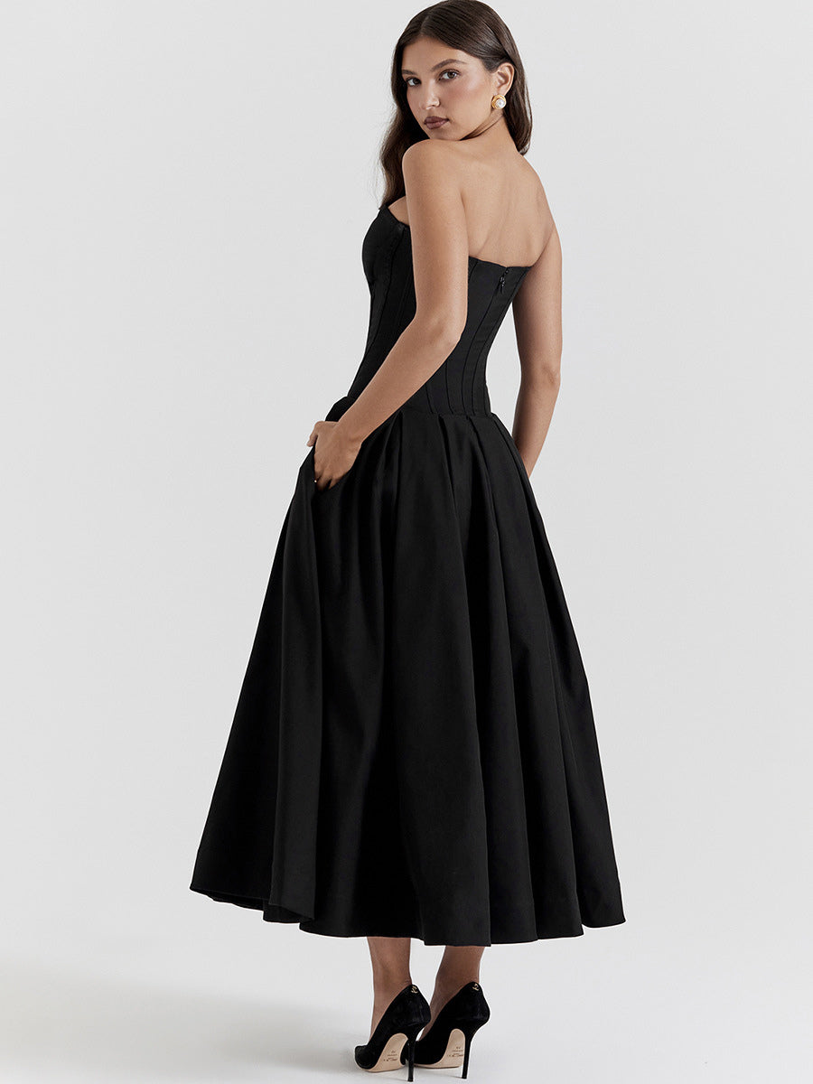 Princeess Line Dress Plunge Bodice Full Circle Skirt Prom Midi Dresses