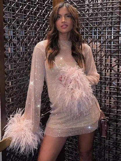 TARUXY Weave Shiny Rhinestone Mini Dress Women Fashion Sexy See Through Cover-up Dresses Casual Loose Club Luxury Dress Ladies