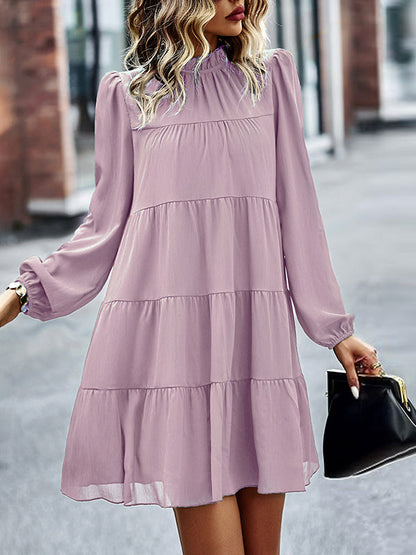 A-Line Bishop Sleeve Elasticity Pleated Solid Color Split-Joint Tied Mock Neck Mini Dresses