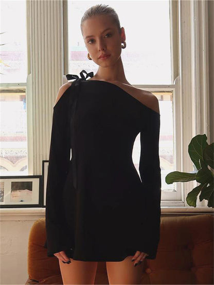 Tossy Off-Shoulder Ruffled Bandage Mini Dress For Women Fashion Long Sleeve Patchwork Lace-Up Elegant Dress Female Solid Dress