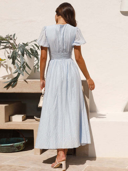 Light Sky Blue Sundress Plunge Puff Sleeves Casual Summer Maxi Dress
