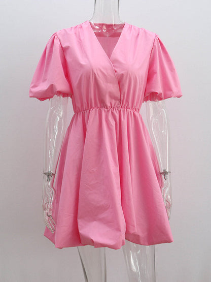 Loose Puff Sleeves Solid Color V-Neck Mini Dresses