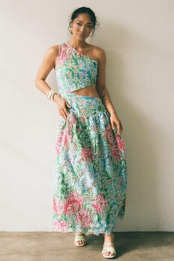 Botanical Print  One Shoulder Frill Midi Dress