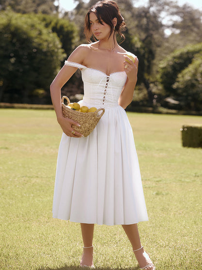 White Corset Dress Cutout Wide Strap Lace Trim Backless Party Midi Dresses