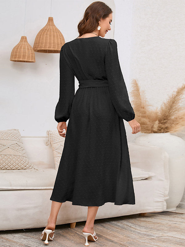 Midi Dresses V-Neck Lantern Sleeves Sash Chiffon Knee Length Dress