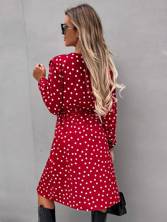 Polka Dot Lace Up Sexy V-Neck Long Sleeves Midi Dress