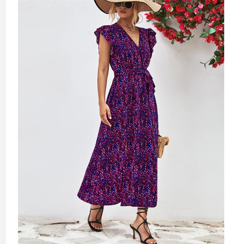 Stylish V-Neck Split Print Maxi Dress Available in Colors