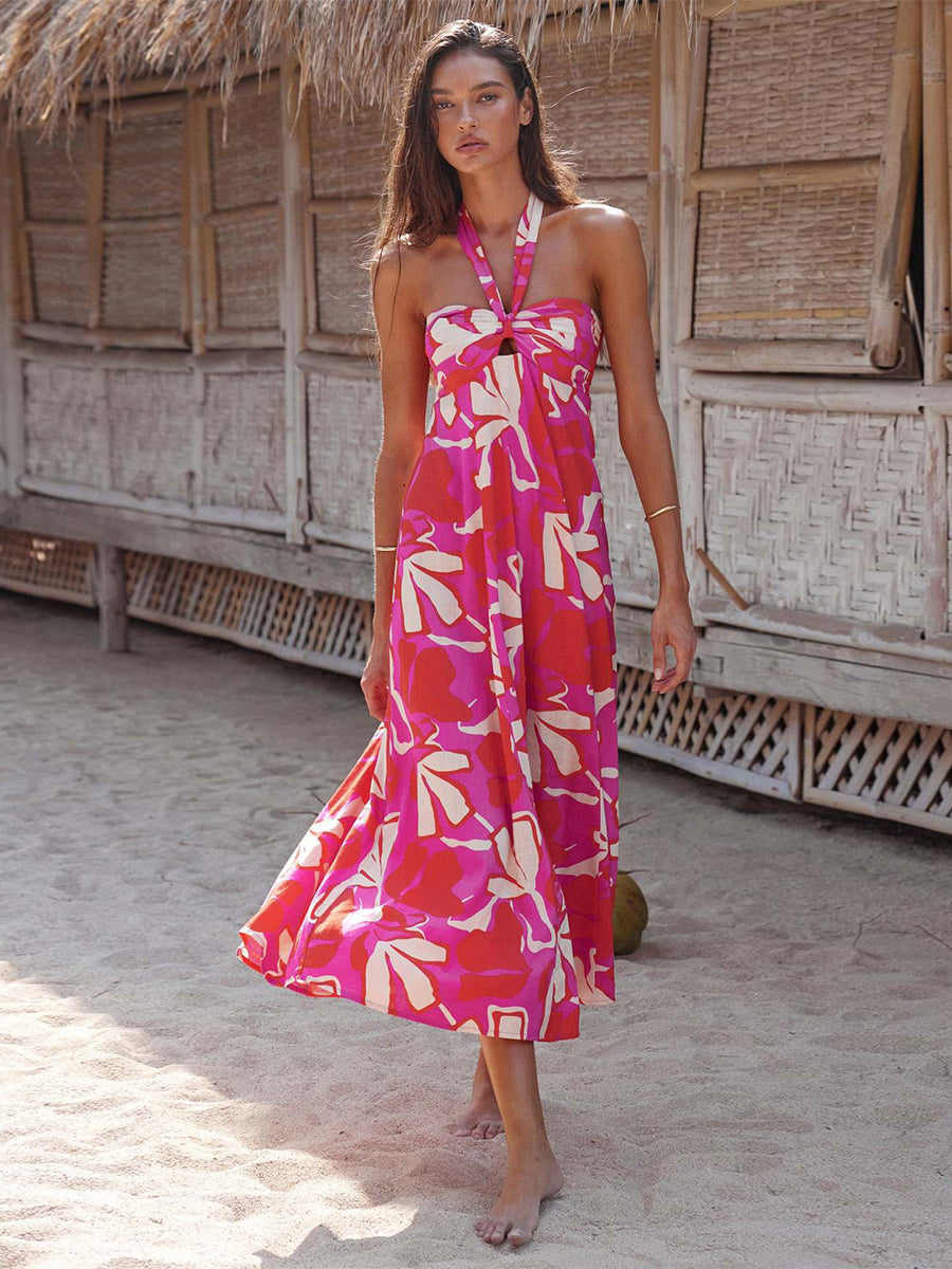 Halter Dress A-Line Printed Pleated Open Back Vacation Casual Midi Dresses