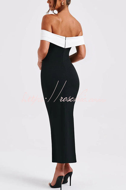 Bex Colorblock Pleated Bardot Neck Strapless Formal Stretch Midi Dress