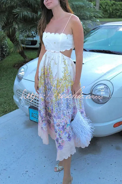 Cabo Sunsets Floral Print Petal Trim Back Lace-up Pocket Midi Dress
