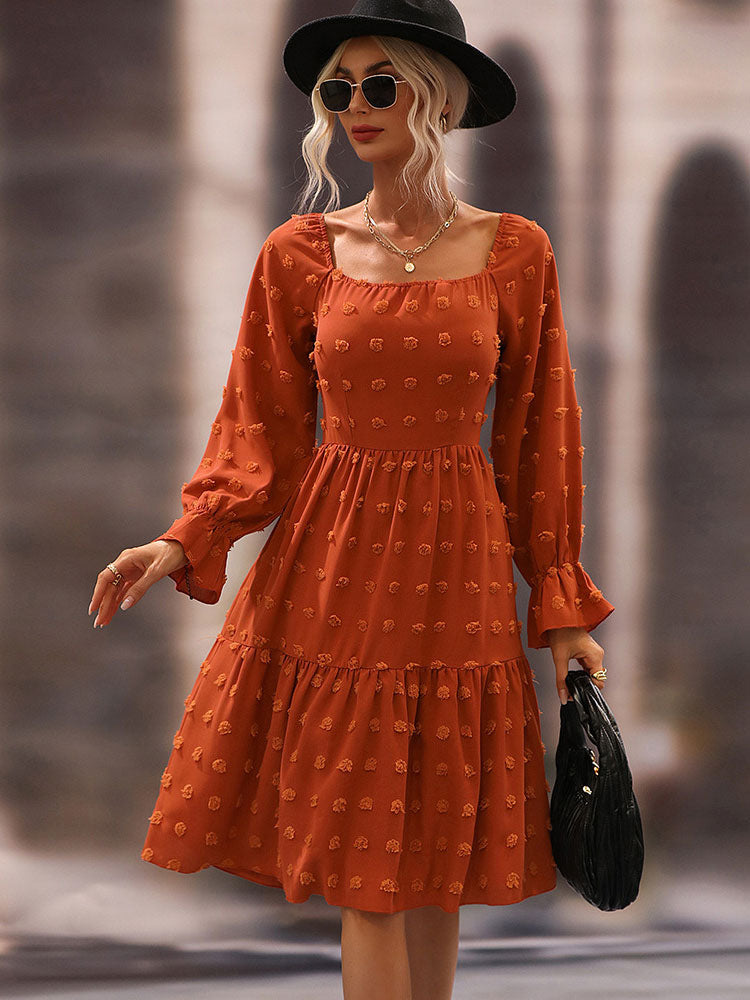 Chiffon Casual Square Neck Long Sleeves Midi Dress