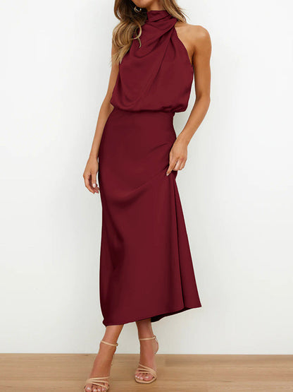 Sleeveless Solid Color Halter-Neck Midi Dresses