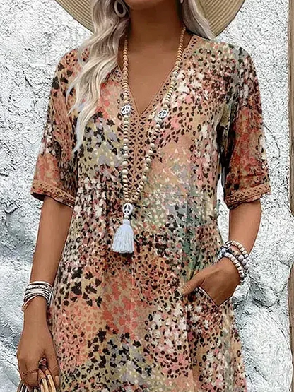 V Neck Half Sleeve Abstract Mosaic Print Pocket Midi Dress