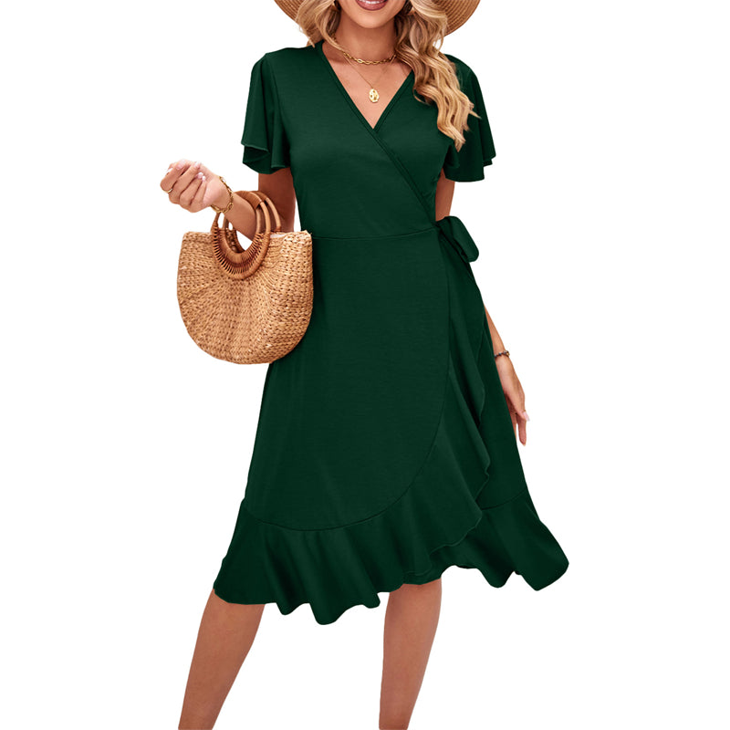 V-Neck Short Sleeve Irregular Midi Dress in Various Colors
