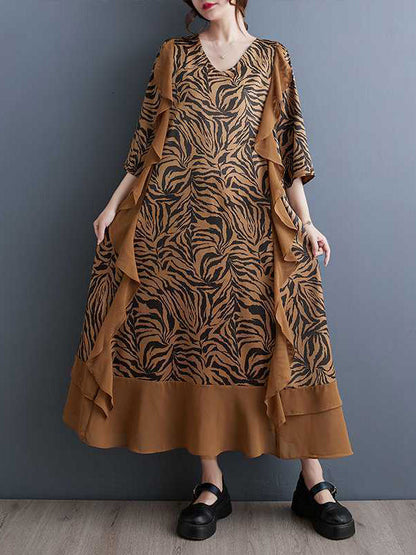A-Line Batwing Sleeves Ruffled Split-Joint Zebra-Stripe V-Neck Midi Dresses