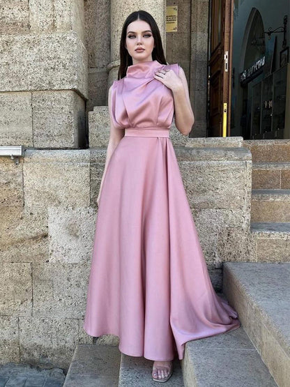 Sleeveless Dress Belted Pleated Prom Maxi Dresses In Solid Color