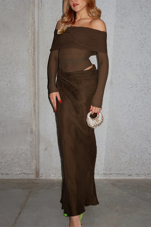 Off Shoulder Mesh Patchwork Ruched Maxi Dress