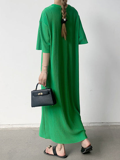 Half Sleeves Loose Pleated Solid Color Round-Neck Midi Dresses