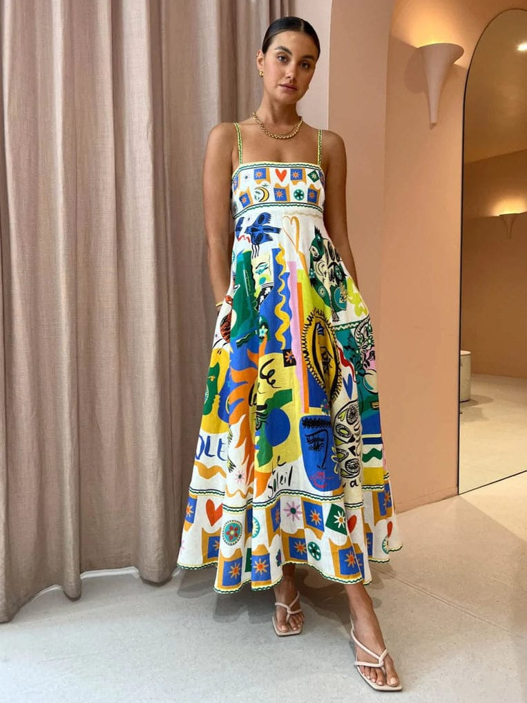 Sundress Graffiti Print Midi Dress Ivory