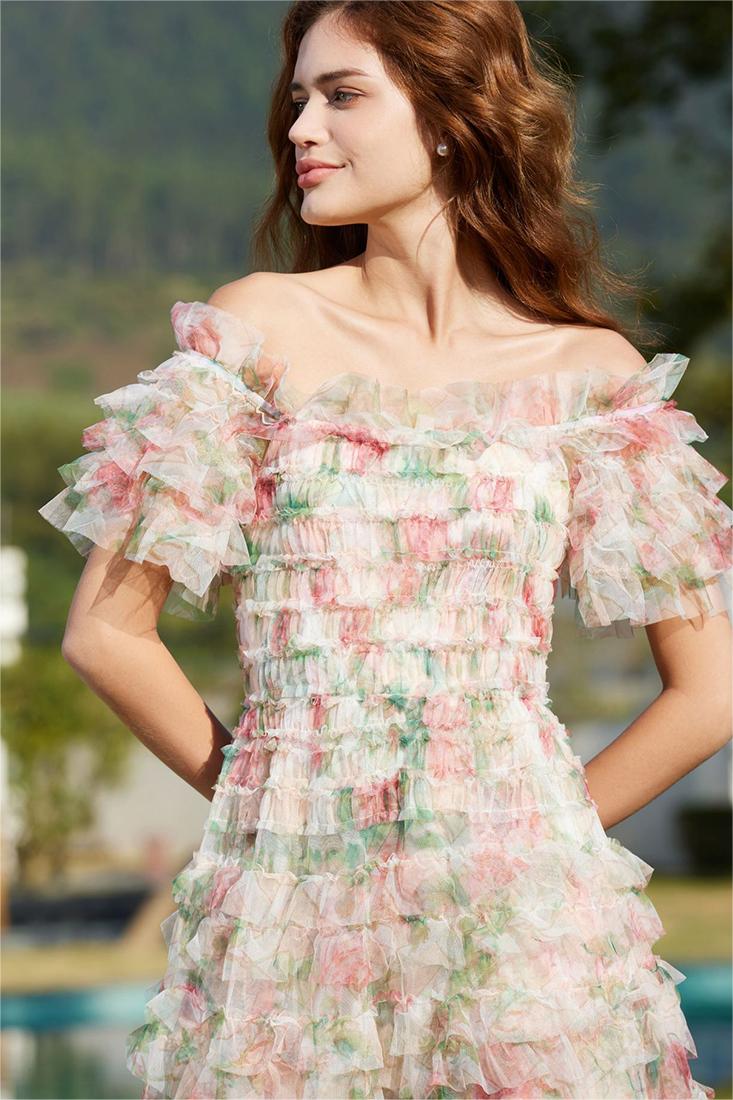 Floral Frill Off-Shoulder Midi Dress