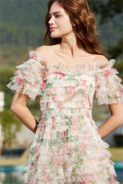 Floral Frill Off-Shoulder Midi Dress