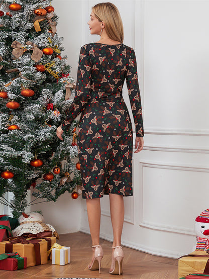 Midi Dress Christmas Pattern Pleated V-Neck Long Sleeves Casual Dresses