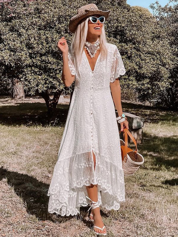 Maxi Dress V Neck Short Sleeves Lace Casual White Boho Dresses