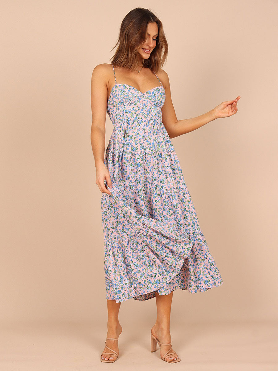 Floral Print Lace Up Backless Bohemian Straps Neck Midi Dress