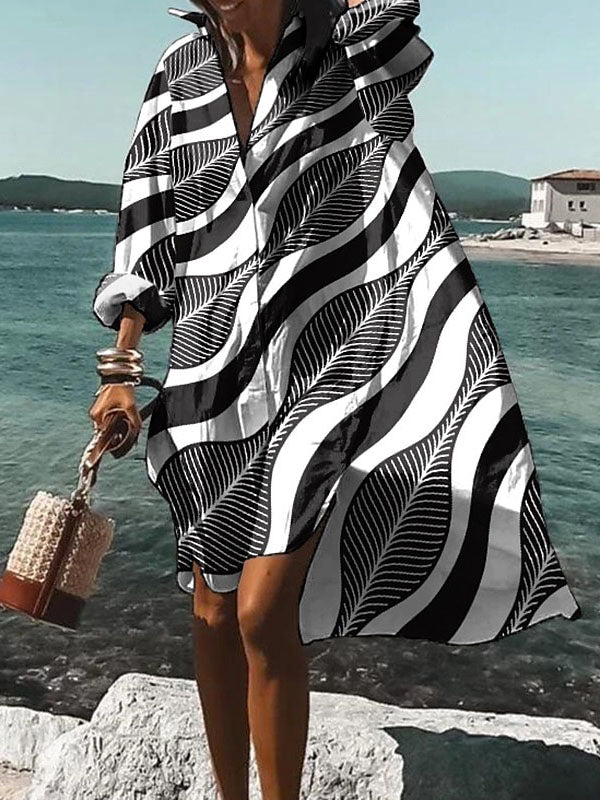 High-Low Long Sleeves Buttoned Split-Side Striped Lapel Dresses Midi Dresses Shirt Dress