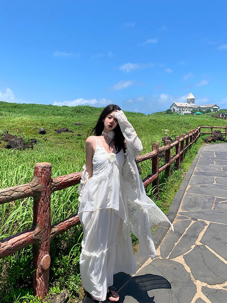 Minimalist White Spaghetti Strap Maxi Dress – Chic Island Getaway Look