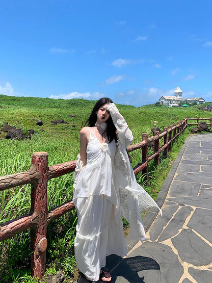 Minimalist White Spaghetti Strap Maxi Dress – Chic Island Getaway Look