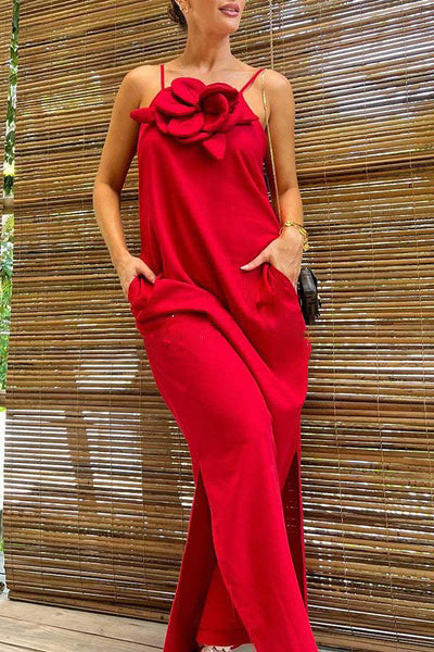 Linen Blend Floral Embellishment Pocketed Slit Maxi Dress