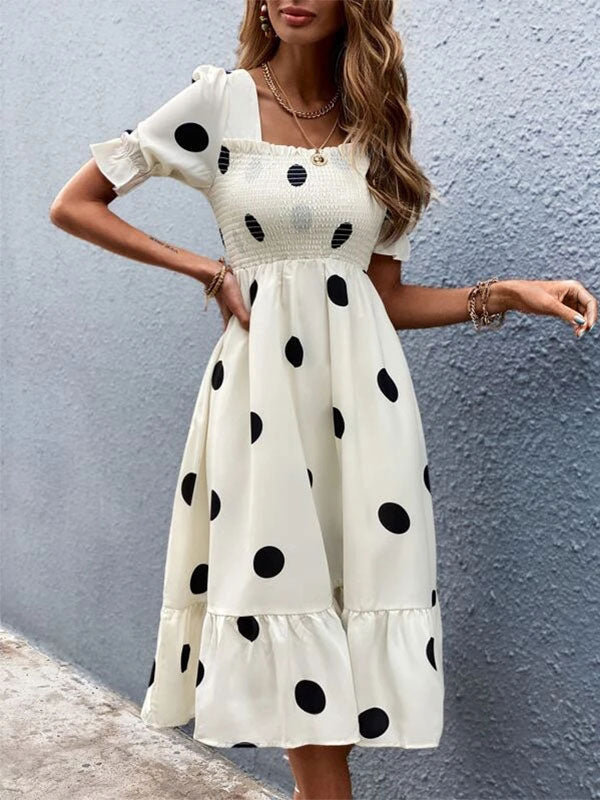 Polka Dot Square Neck Short Sleeves Midi Dress