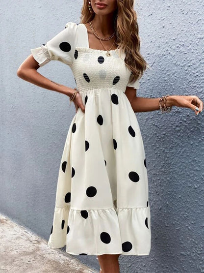 Polka Dot Square Neck Short Sleeves Midi Dress