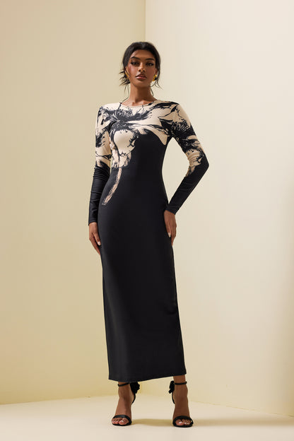 Floral Boat Neck Long Sleeve Midi Dress