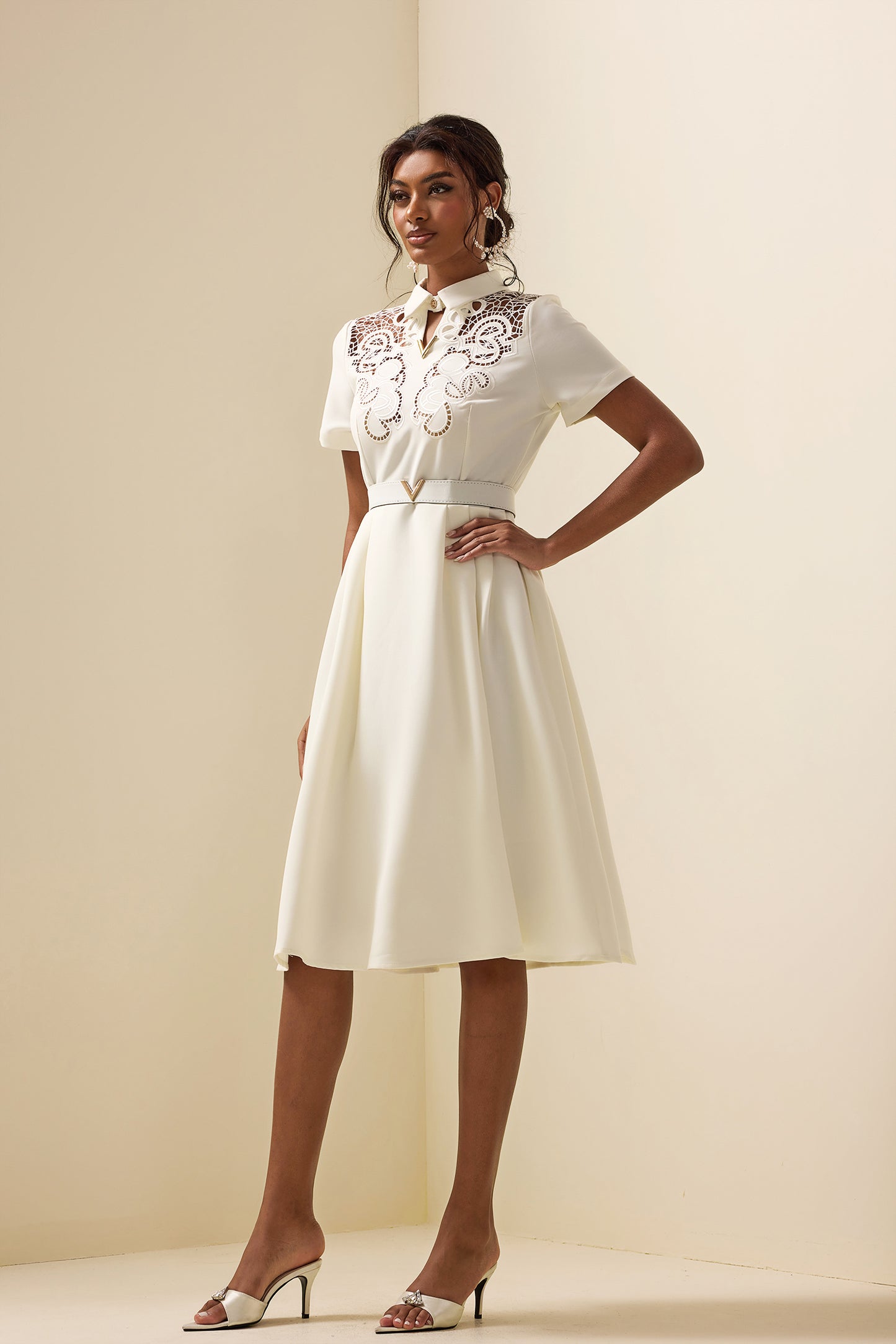 Embroidered Shirt Collar Midi Dress With Belt White