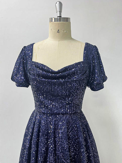 Dark Navy Mini Dress U-Neck Sequins Short Sleeves Birthday Party Dresses