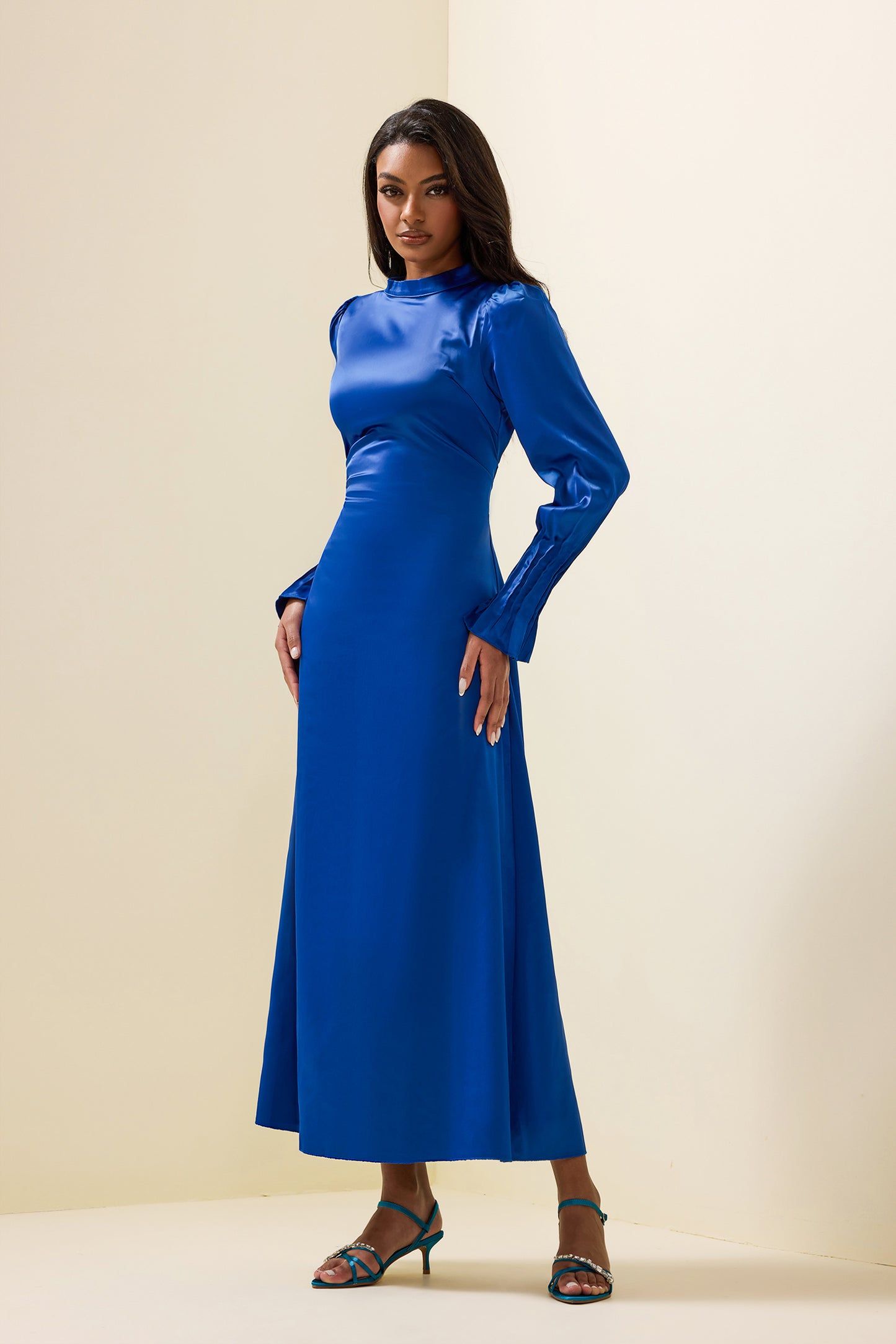 Solid Satin Lantern Sleeve Midi Dress