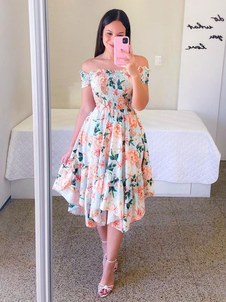 Handkerchief Dress Smocked Floral Off The Shouder Summer Midi Dresses
