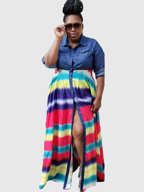 Long Sleeves Loose Buttoned Contrast Color Elasticity Printed Split-Joint Lapel Maxi Dresses