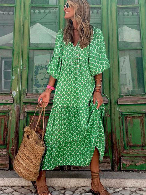Jewel Neck Maxi Dress 3/4 Length Sleeves Casual Floral Print Long Dress