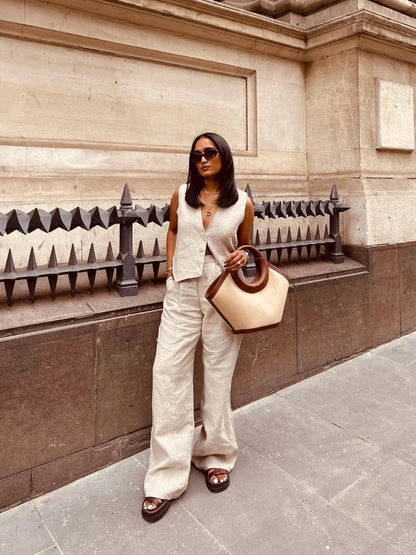 Linen Sleeveless Vest & Trousers Two-piece Set