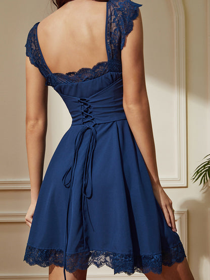 Summer Dress Mini Dresses Royal Blue Square Neck Lace Polyester Beach Dress