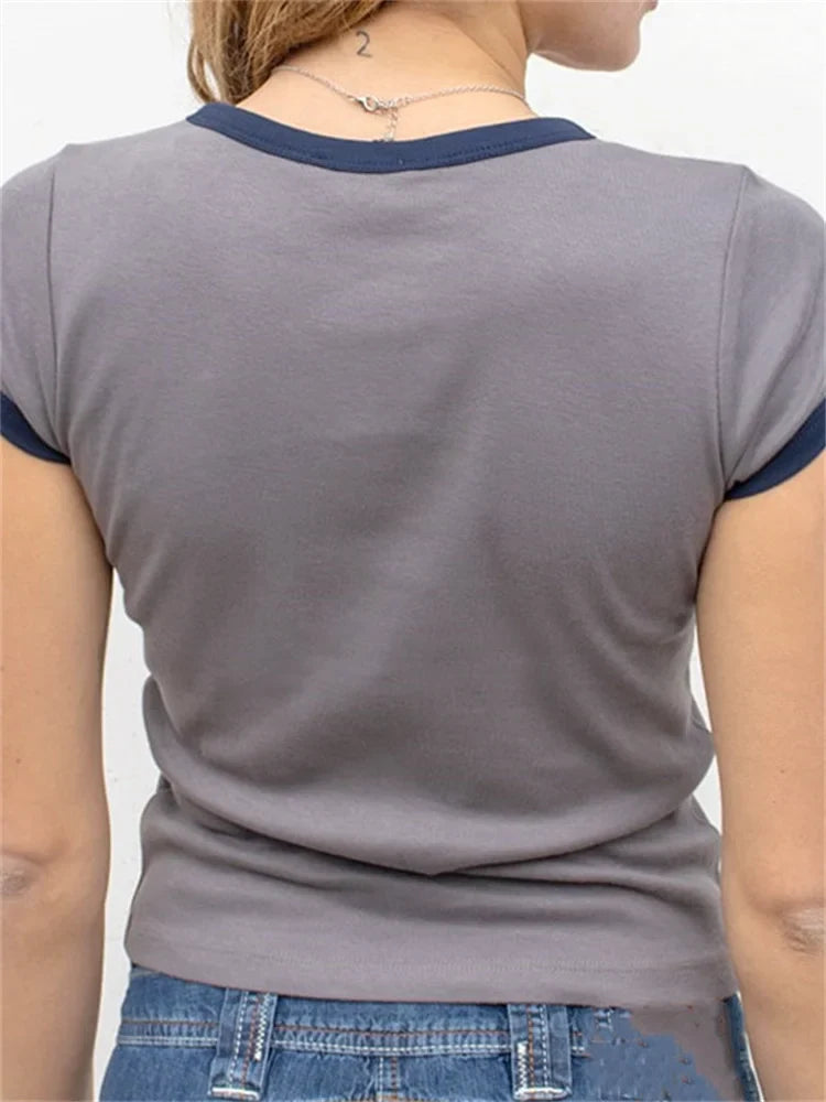 Color Patchwork Summer Streetwear Oneck Basic T-shirts